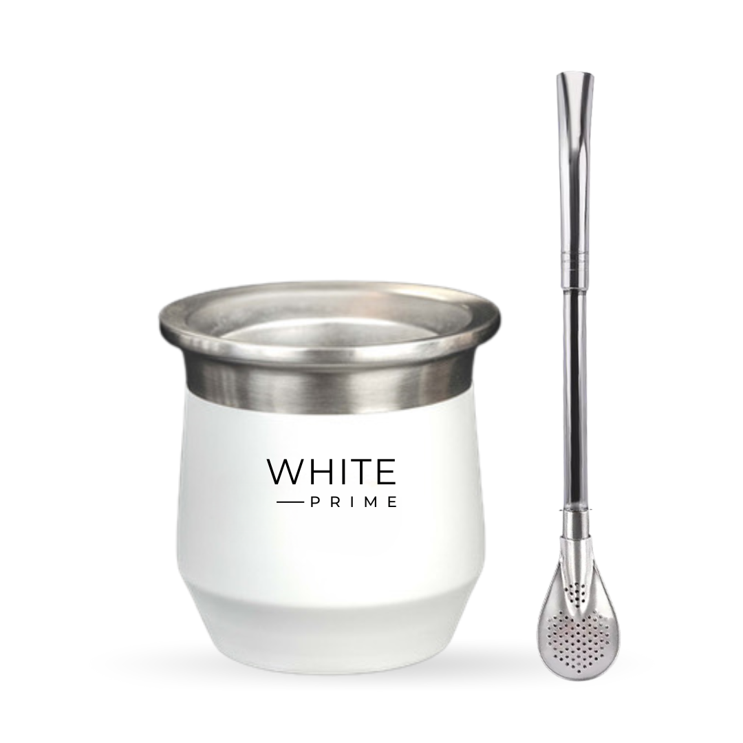 Yerba Mate Gourd | Stainless Steel Double Wall Cup for Mate | 8 oz Yerba Mate Cup | WHITE Prime