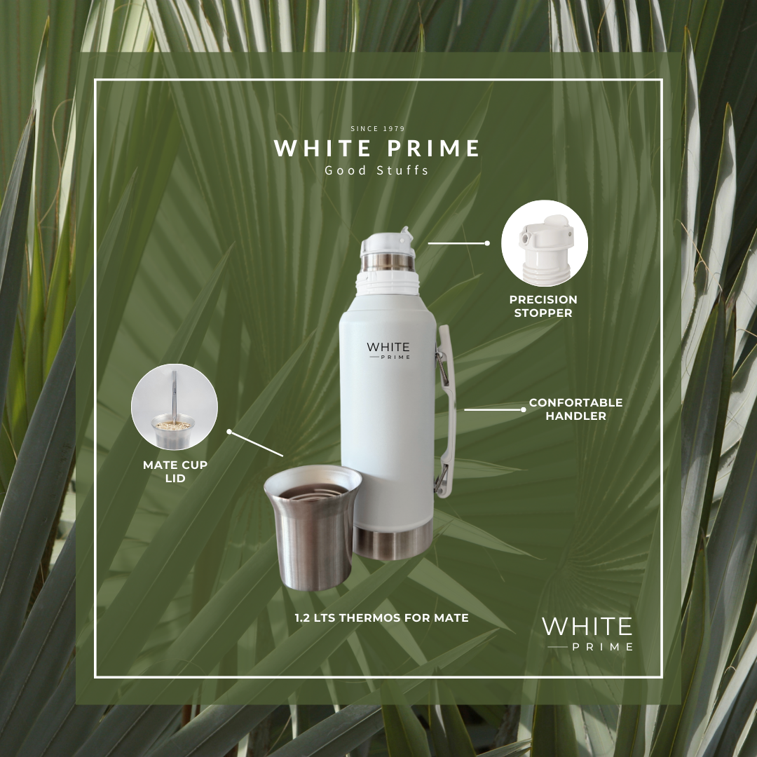 1.2 Lts Thermos for Mate | Stainless Steel Double Wall Water Bottle with handle | Vacuum Bottle | Yerba Mate | WHITE Prime