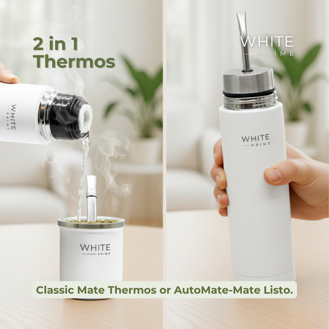 2-in-1 Mate Listo Autocebante Thermos 500 ml – Stainless Steel Insulated Automate with Built-in Bombilla Straw | WHITE Prime