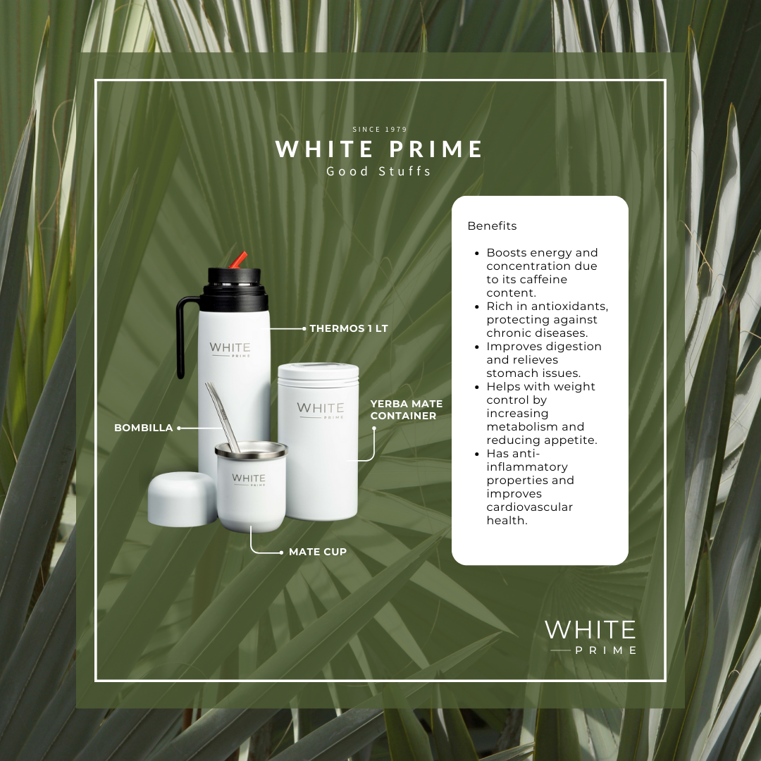 1.2 Lts Thermos for Mate | Stainless Steel Double Wall Water Bottle with handle | Vacuum Bottle | Yerba Mate | WHITE Prime