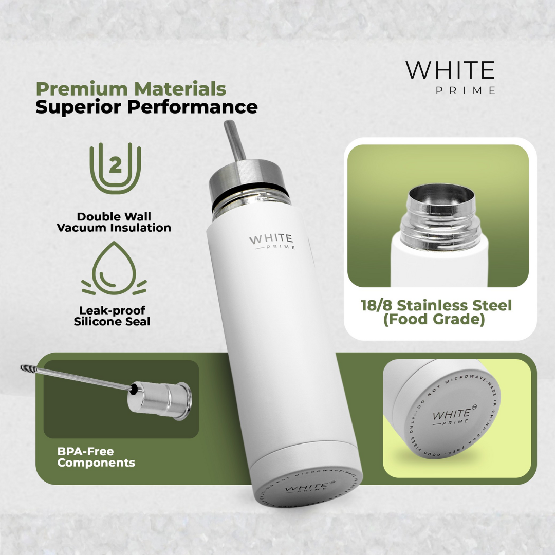 2-in-1 Mate Listo Autocebante Thermos 500 ml – Stainless Steel Insulated Automate with Built-in Bombilla Straw | WHITE Prime