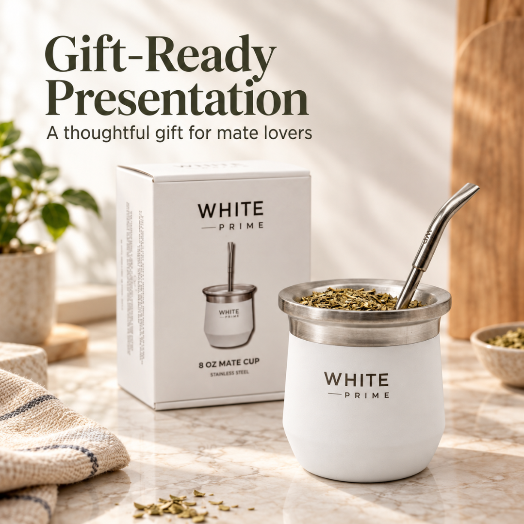 WHITE Prime Yerba Mate Cup 8 oz with Bombilla | Stainless Steel Mate Gourd
