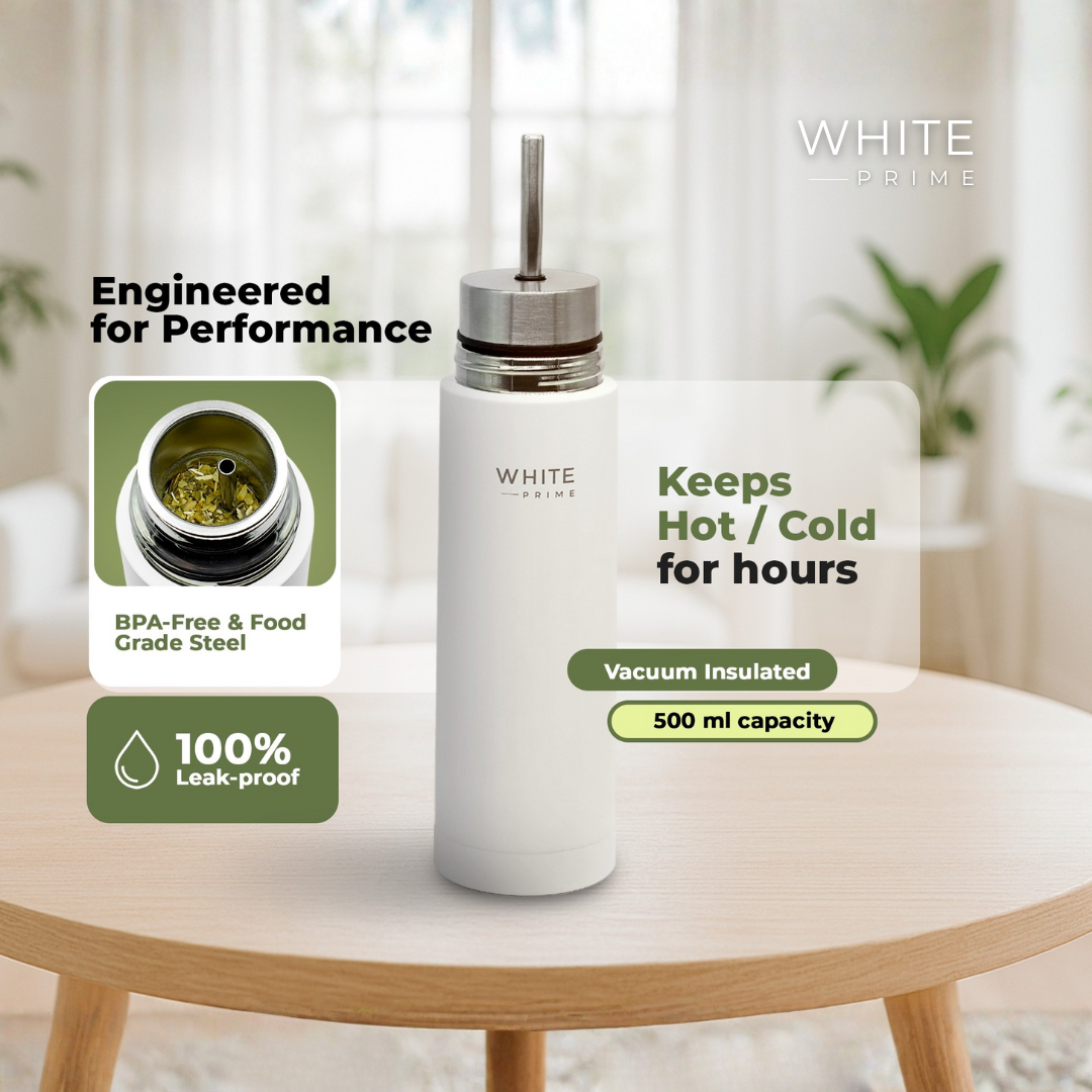 2-in-1 Mate Listo Autocebante Thermos 500 ml – Stainless Steel Insulated Automate with Built-in Bombilla Straw | WHITE Prime