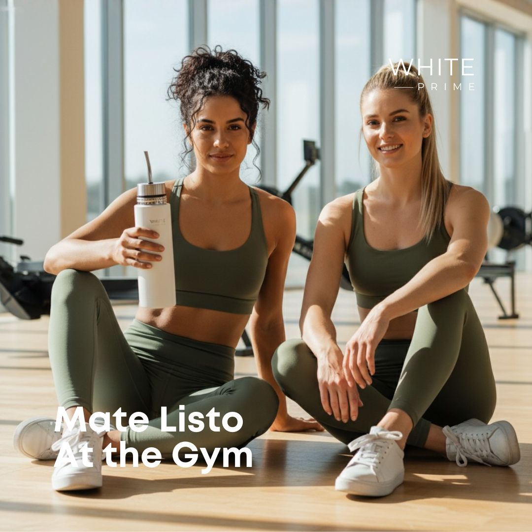 woman using Mate Listo self-serving yerba mate thermos at the gym