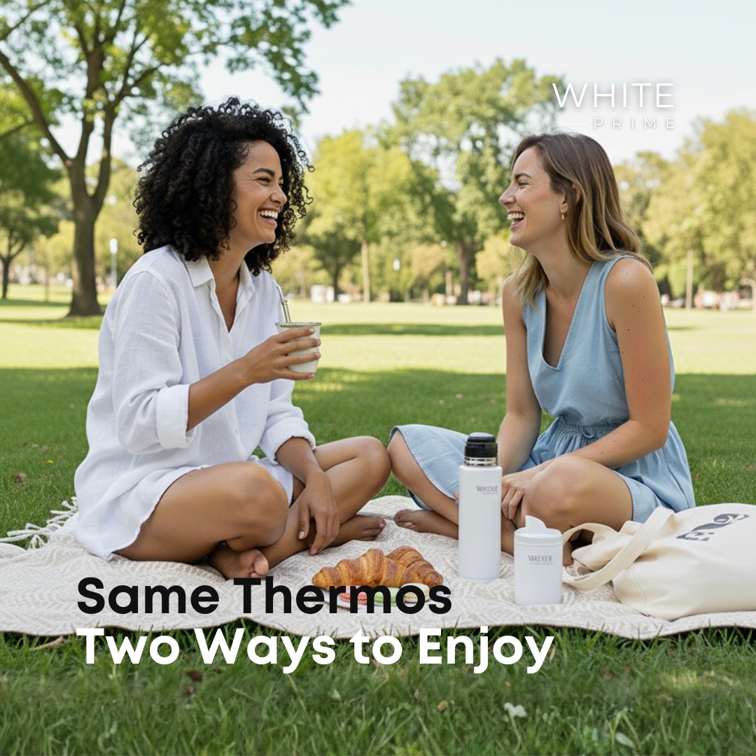 two people enjoying Mate Listo thermos outdoors in classic pour and self-serving modes