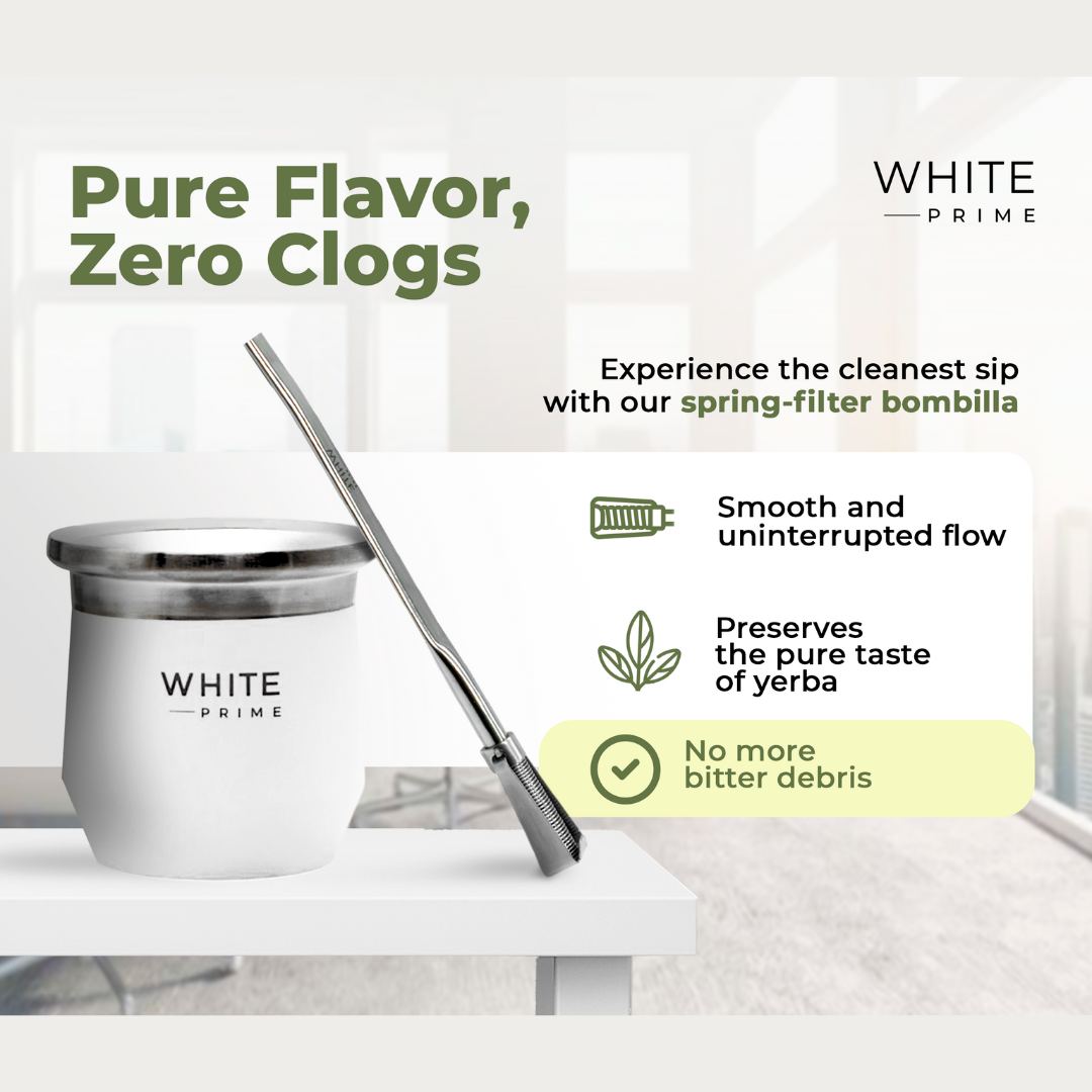WHITE Prime bombilla designed for clean yerba mate flavor and clog resistance