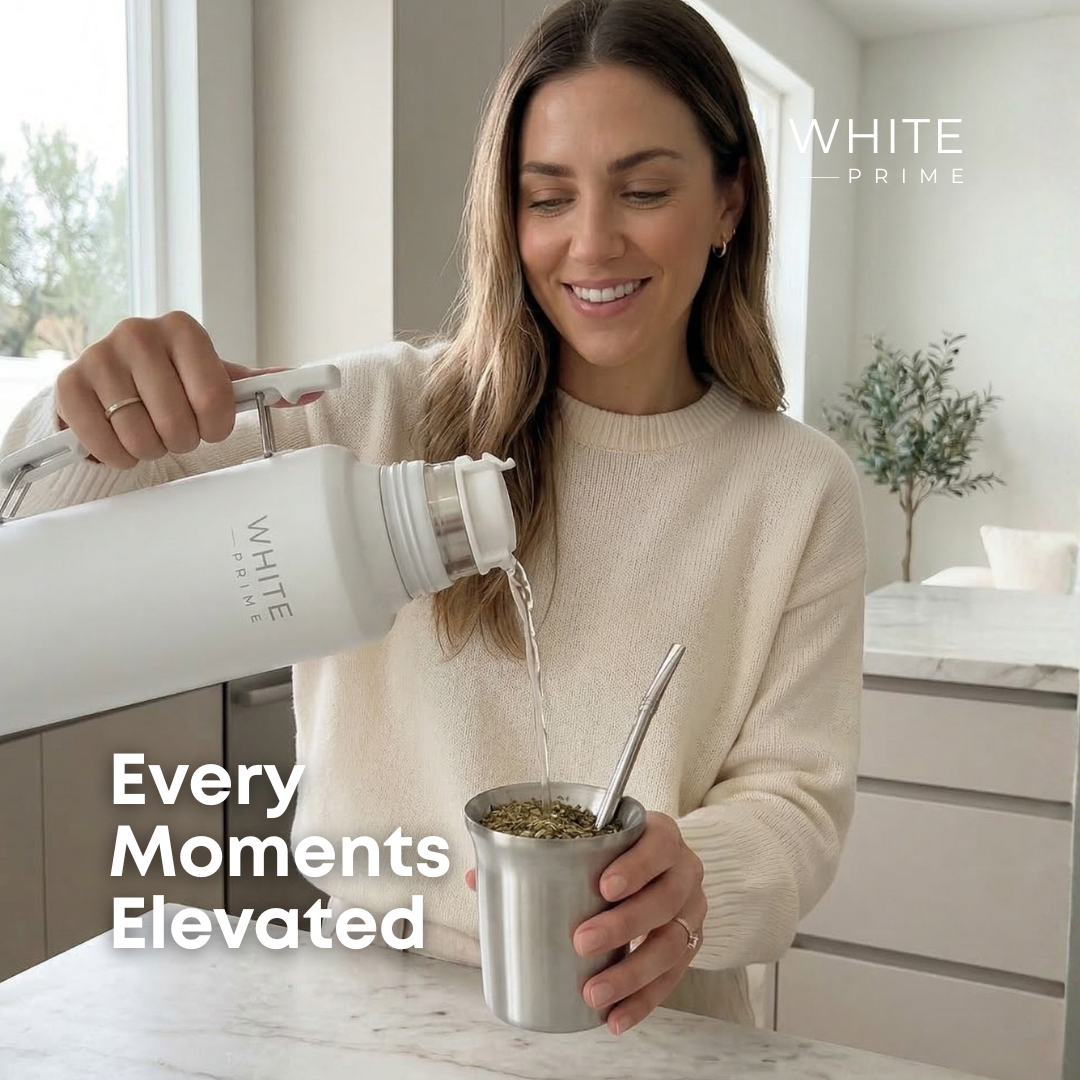 Woman enjoying yerba mate with WHITE Prime products during her daily routine