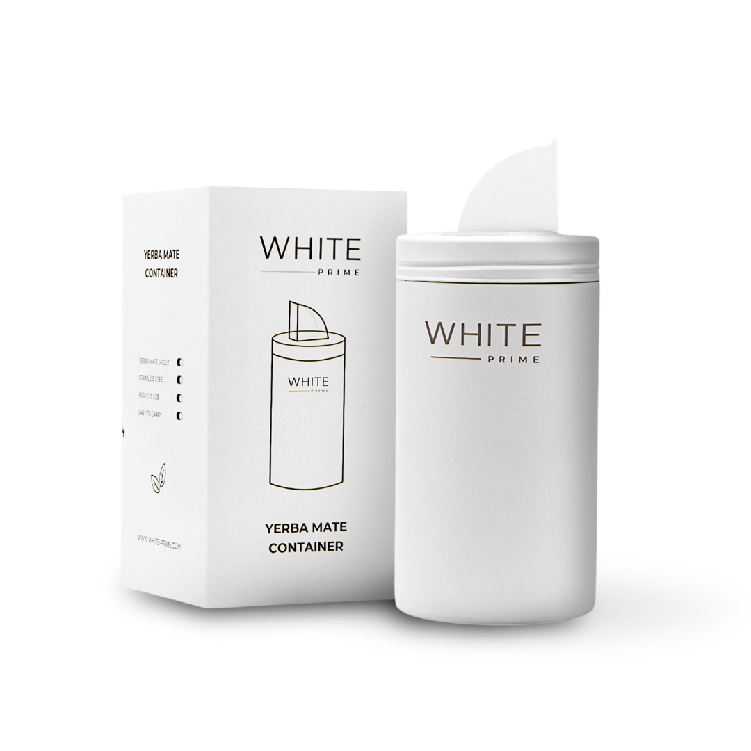 WHITE Prime stainless steel yerba mate container with retail packaging