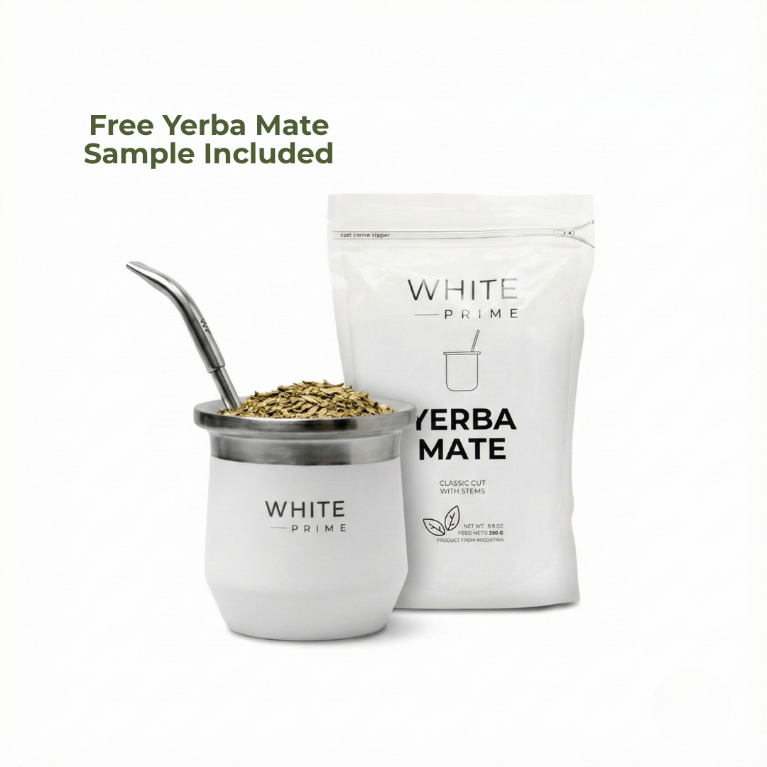 WHITE Prime yerba mate sample pouch included with the 8 oz mate cup