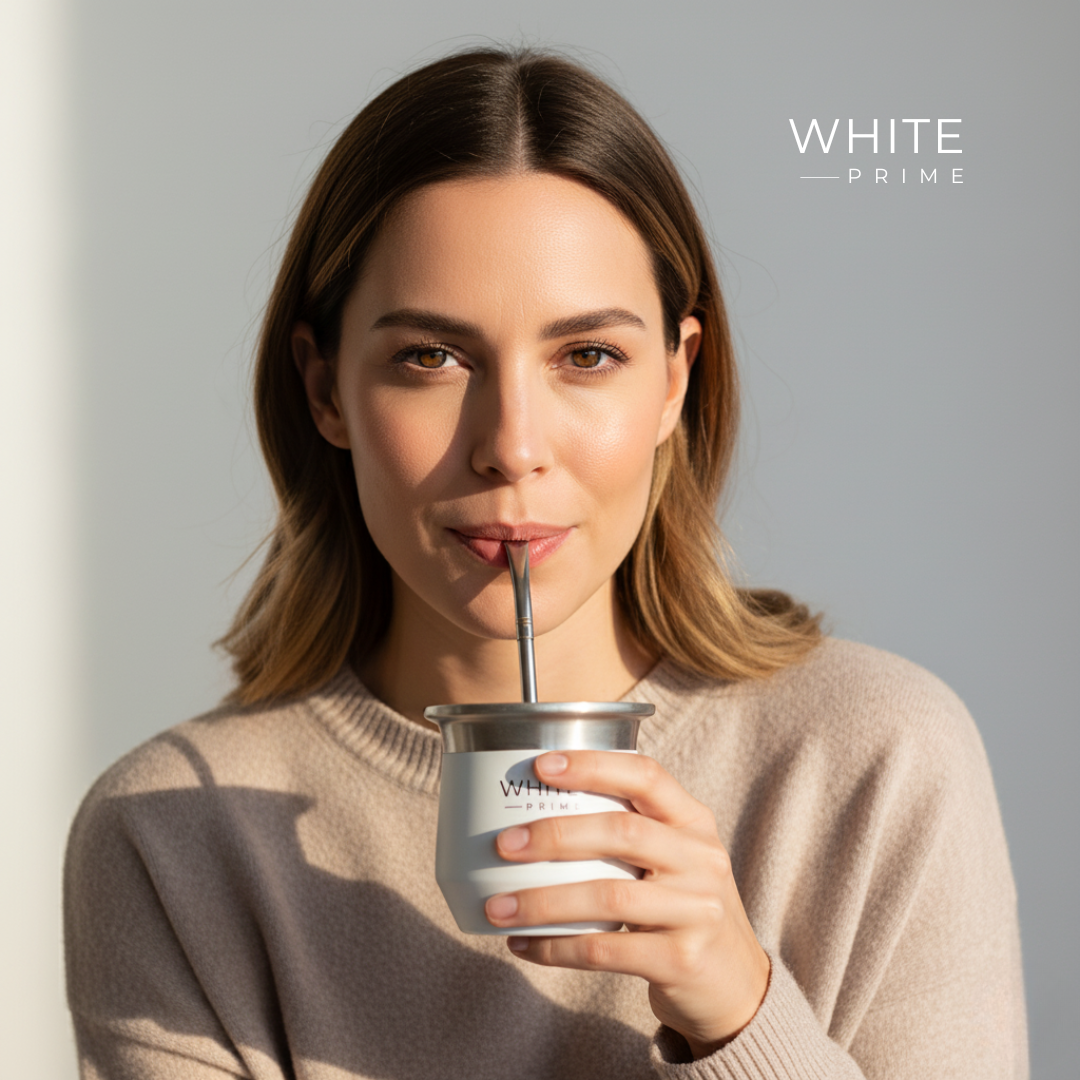 Woman drinking yerba mate from a WHITE Prime stainless steel mate cup