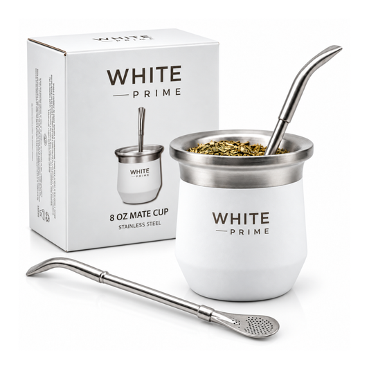 WHITE Prime Yerba Mate Cup 8 oz with Bombilla | Stainless Steel Mate Gourd
