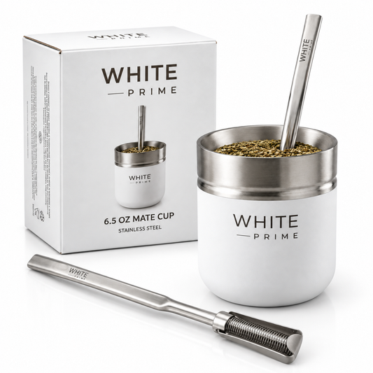 WHITE Prime Yerba Mate Cup 6.5 oz with Bombilla | Stainless Steel Mate Gourd