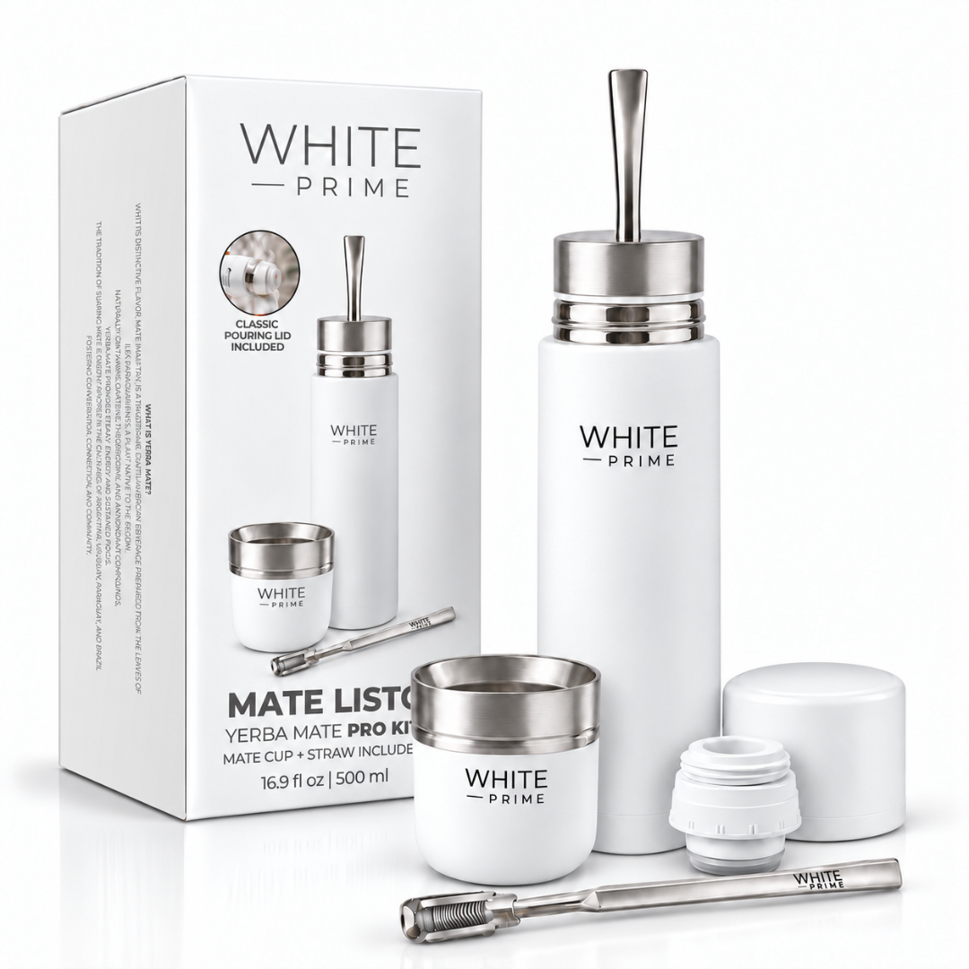 WHITE Prime Mate Listo PRO Kit | AutoMate Termos, Mate Cup & Bombilla