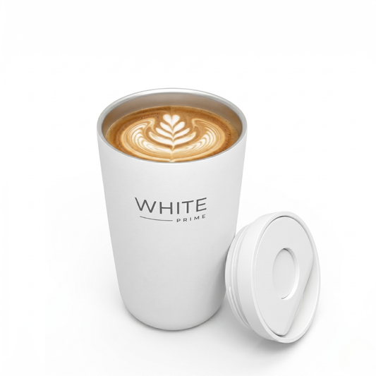 12 oz Insulated Coffee Mug with Push-Button Lid – Stainless Steel Double Wall, Leakproof, Fits Cup Holders | WHITE Prime