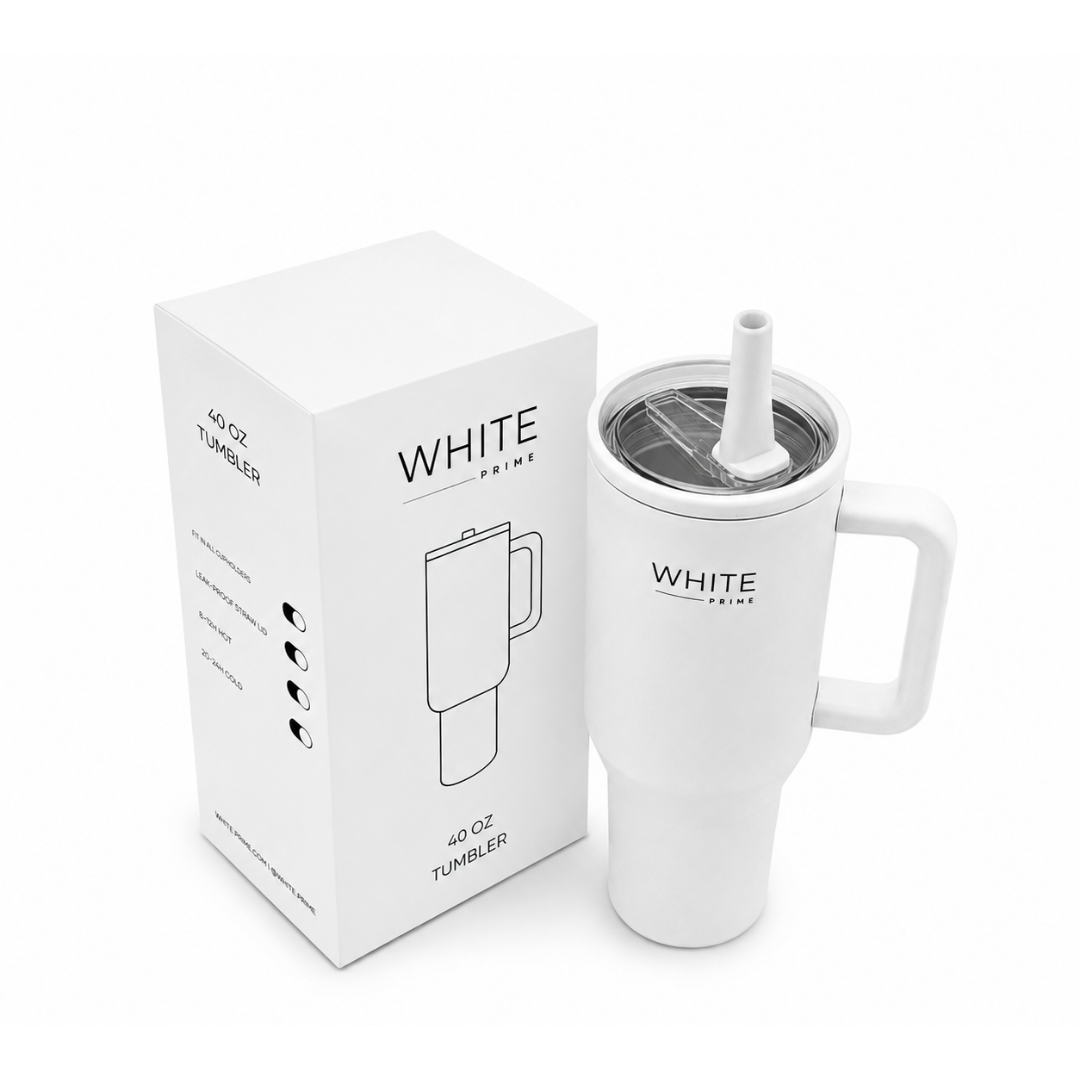 Tumbler 40 oz | Stainless Steel Double-Wall Insulated with Handle & Straw | WHITE PRIME