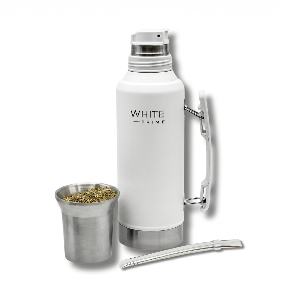 Yerba Mate Thermos Kit 1.2L – Insulated Stainless Steel Bottle with Bombilla & Mate Cup Lid | Hot Water Thermos for Yerba Mate Tea | WHITE Prime