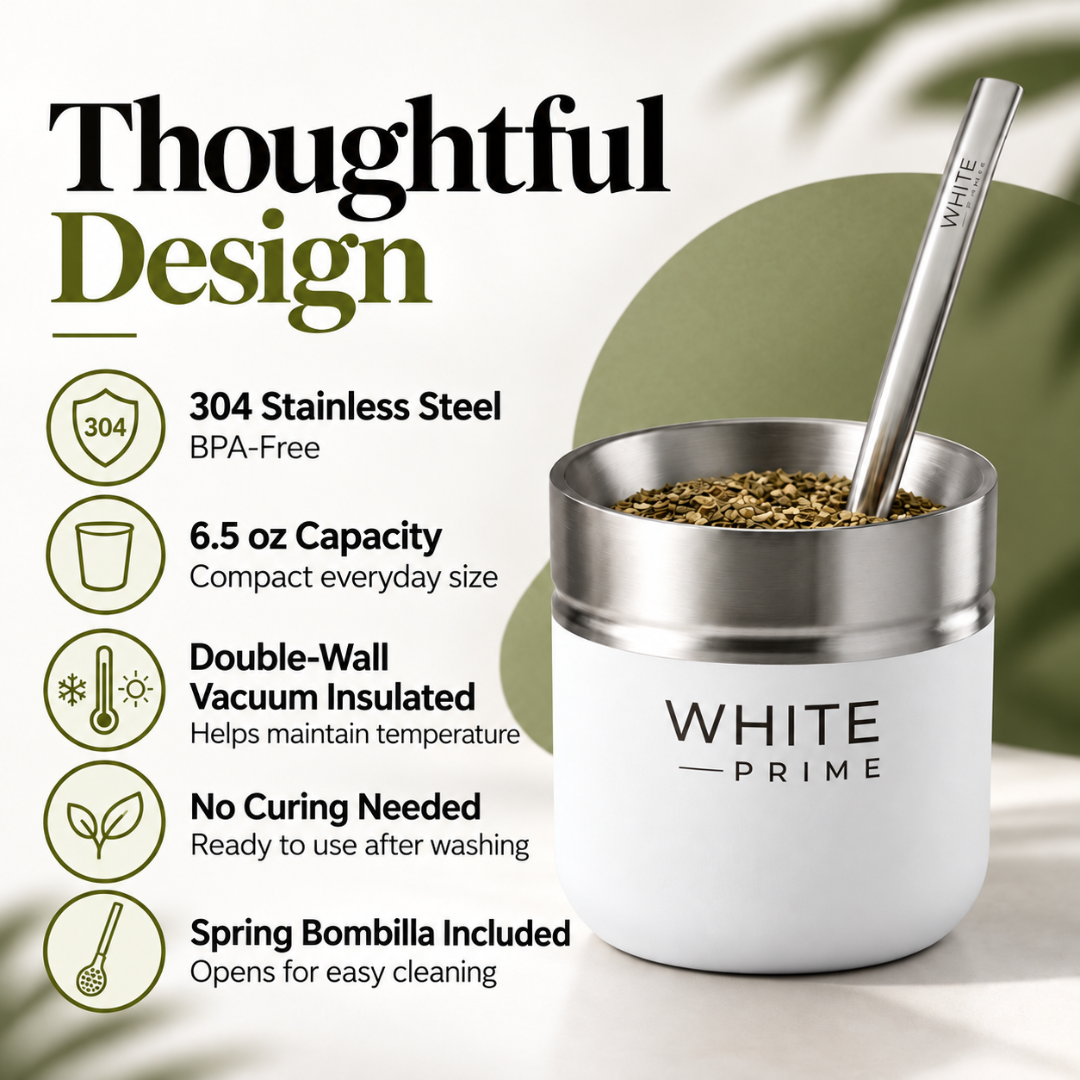 WHITE Prime Yerba Mate Cup 6.5 oz with Bombilla | Stainless Steel Mate Gourd