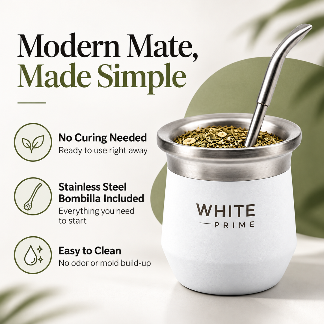WHITE Prime Yerba Mate Cup 8 oz with Bombilla | Stainless Steel Mate Gourd