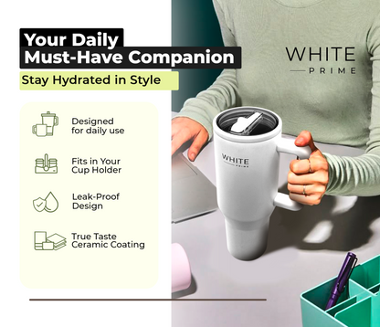 40 oz Tumbler | 100% Leak Proof | Simple Elegant Modern | Stainless Steel Double Wall Tumbler with handle | Reusable Water Bottle | Cupholder Friendly | Drinkware Flasks | WHITE Prime