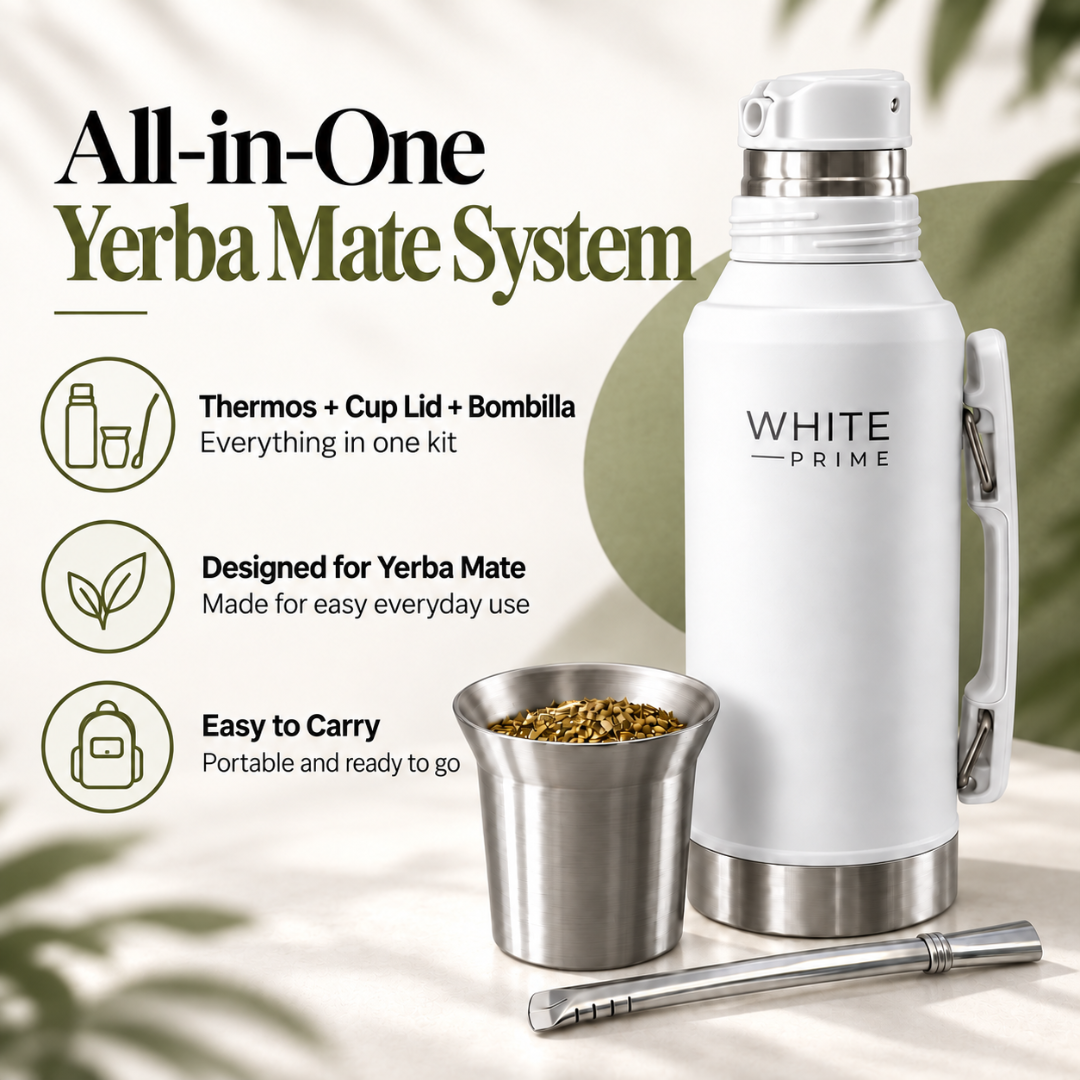 WHITE Prime All-in-One 1.2L Yerba Mate Thermos | Mate Cup Lid & Bombilla