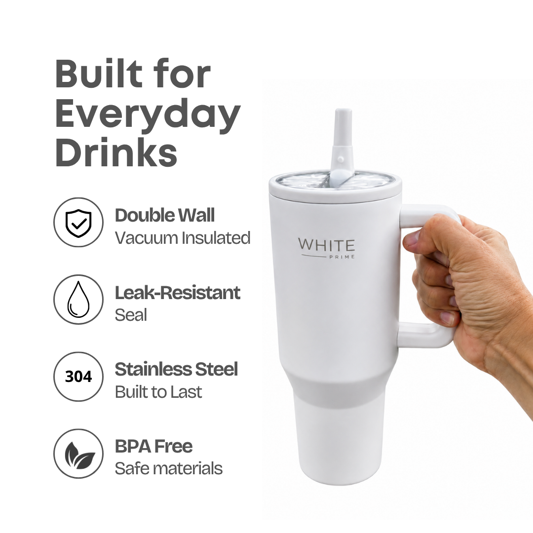 Tumbler 40 oz | Stainless Steel Double-Wall Insulated with Handle & Straw | WHITE PRIME