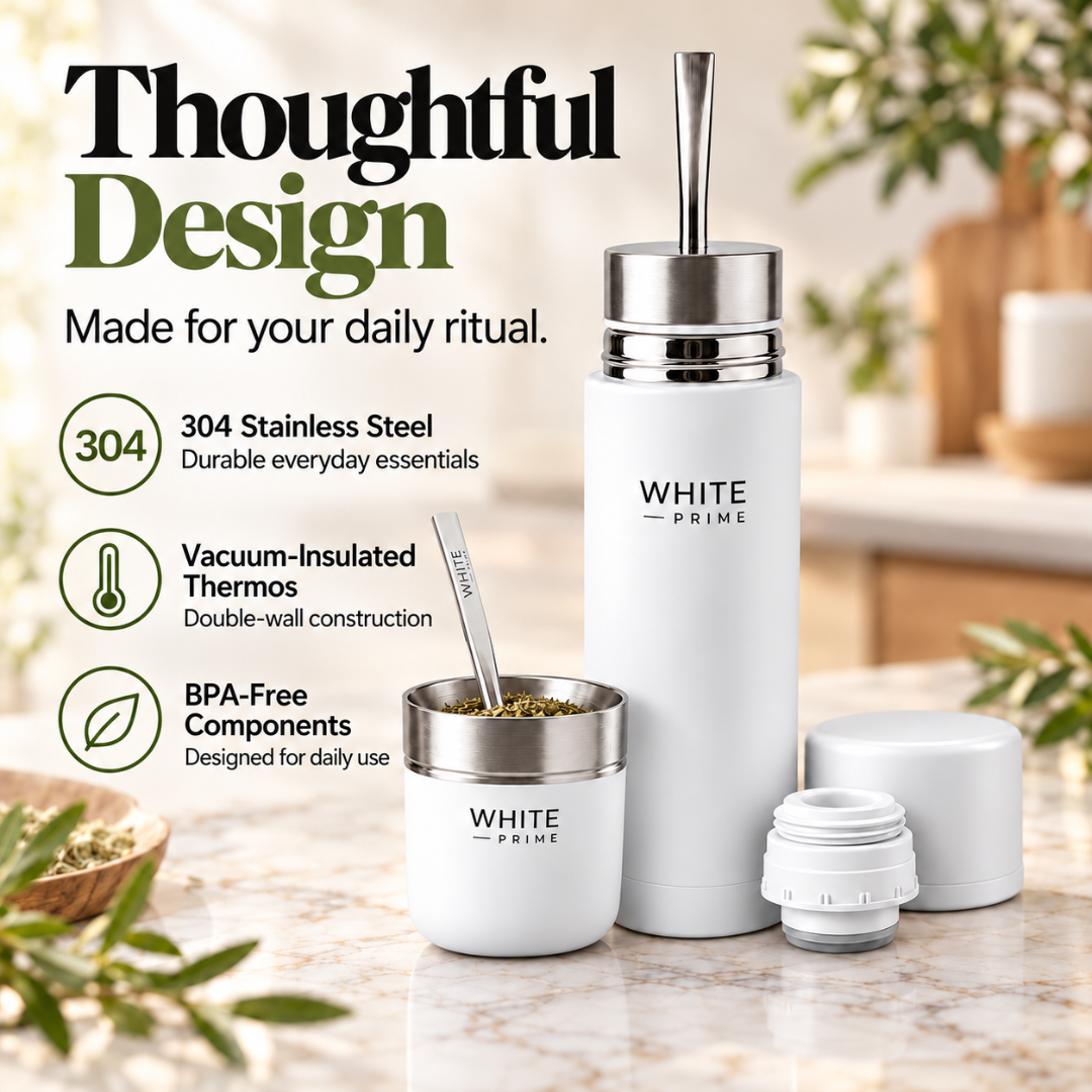 WHITE Prime Mate Listo PRO Kit | AutoMate Termos, Mate Cup & Bombilla