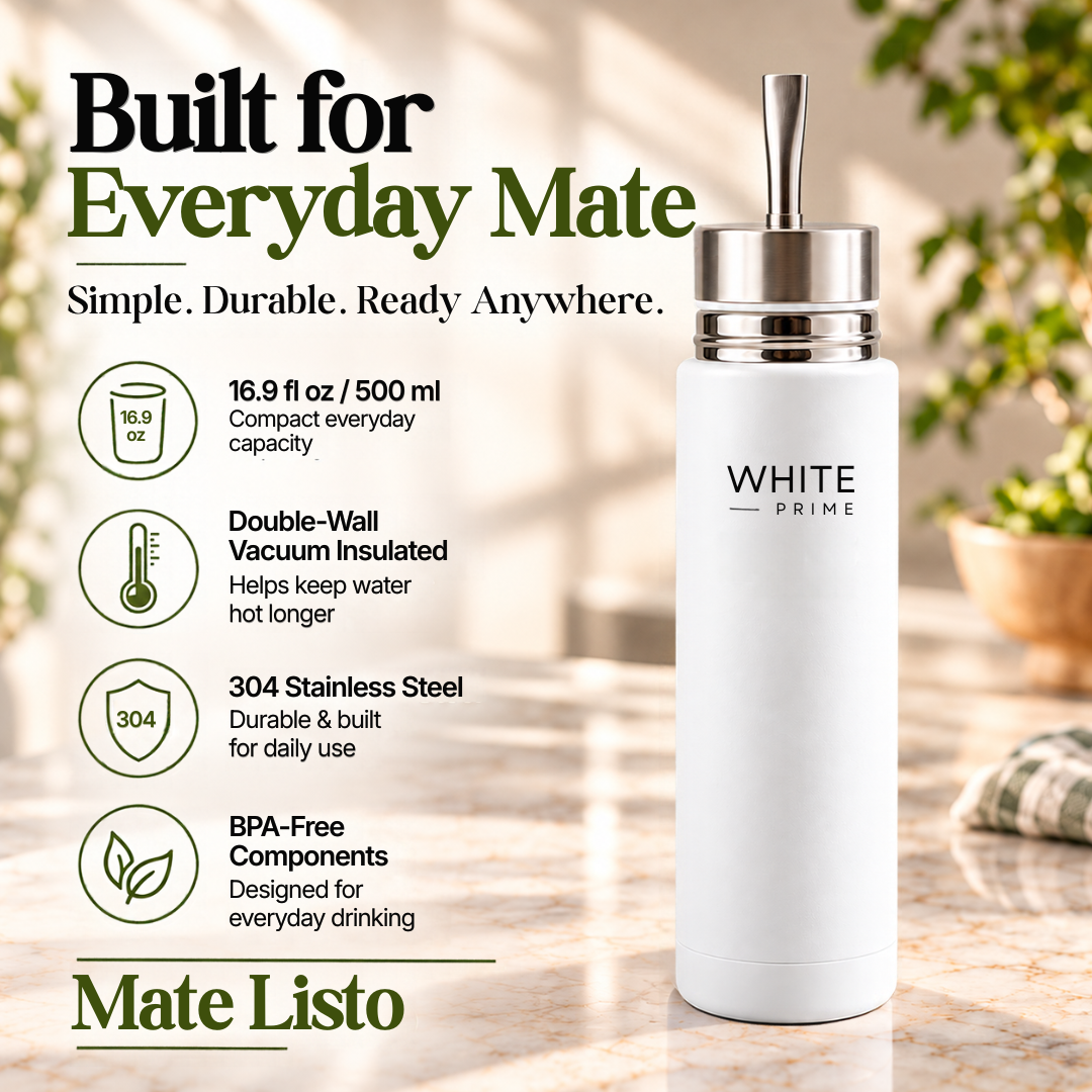 WHITE Prime Mate Listo | AutoMate 2-in-1 | Self-Serving Yerba Mate Thermos