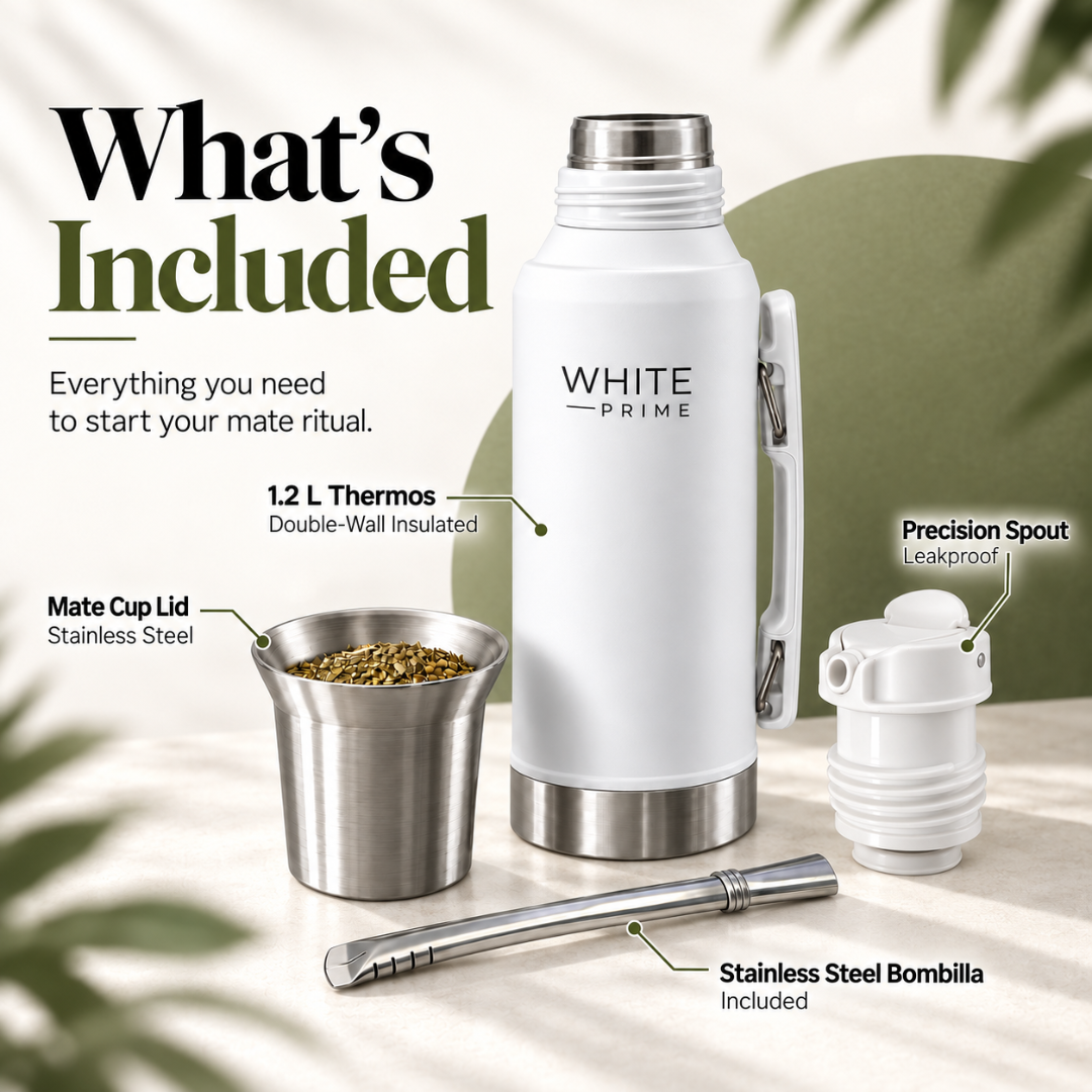 WHITE Prime All-in-One 1.2L Yerba Mate Thermos | Mate Cup Lid & Bombilla