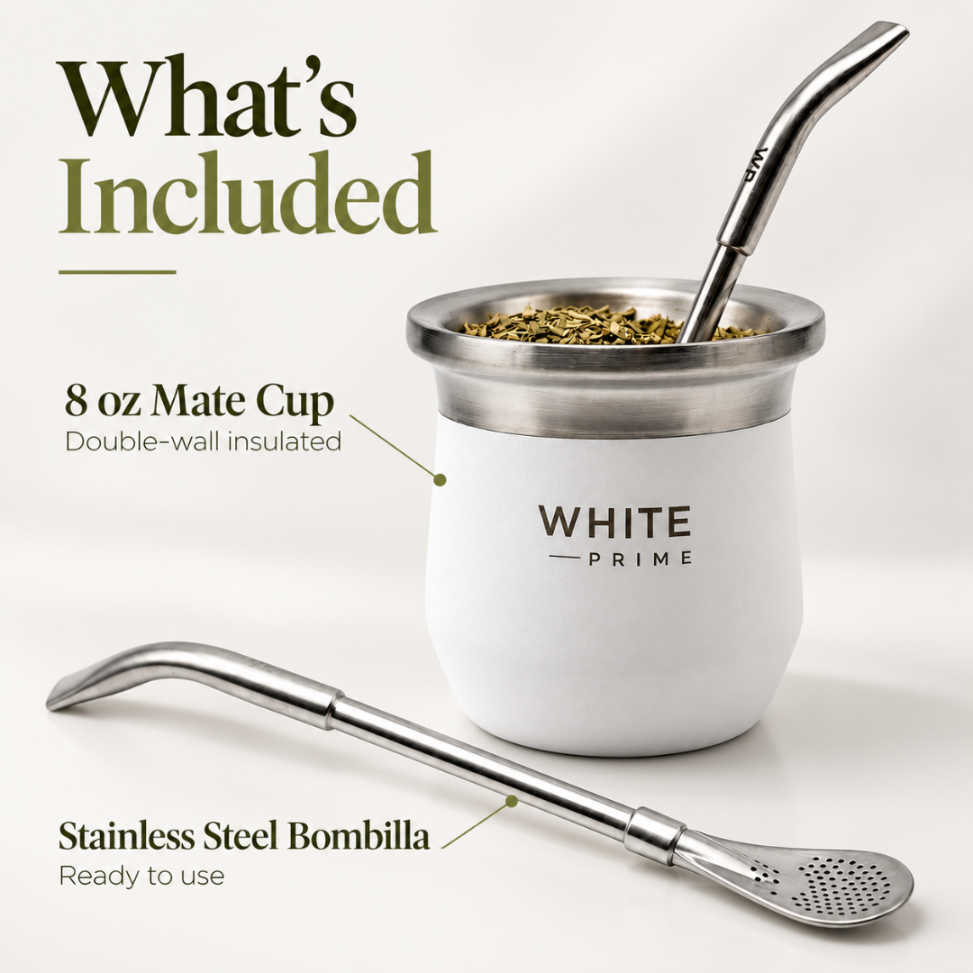 WHITE Prime Yerba Mate Cup 8 oz with Bombilla | Stainless Steel Mate Gourd