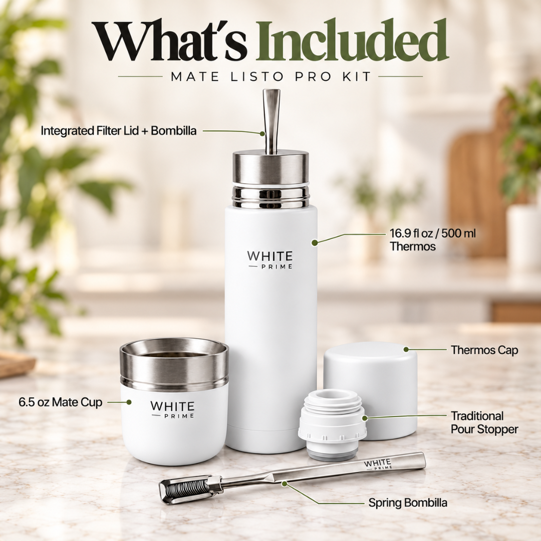 WHITE Prime Mate Listo PRO Kit | AutoMate Termos, Mate Cup & Bombilla