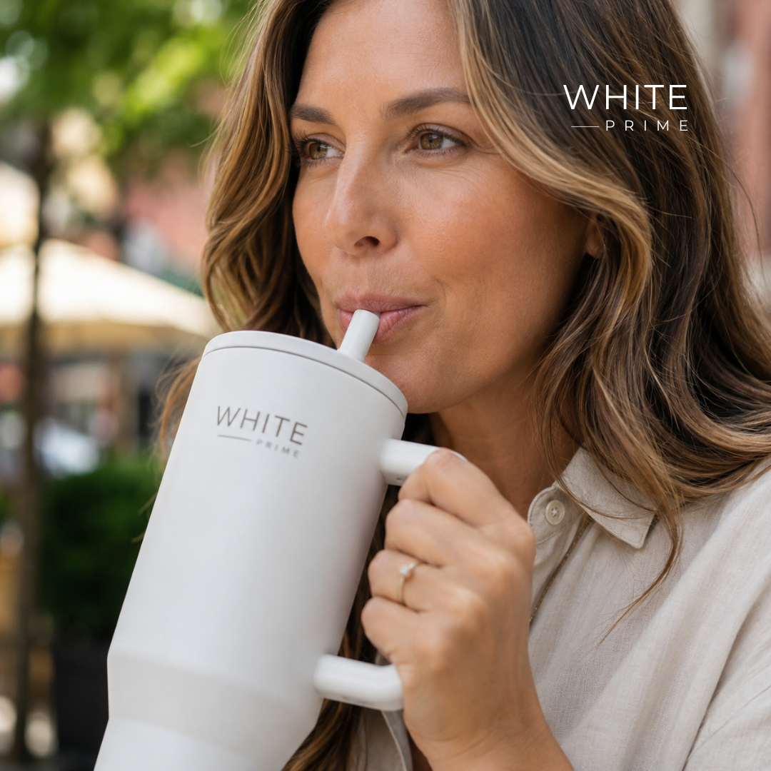 Tumbler 40 oz | Stainless Steel Double-Wall Insulated with Handle & Straw | WHITE PRIME