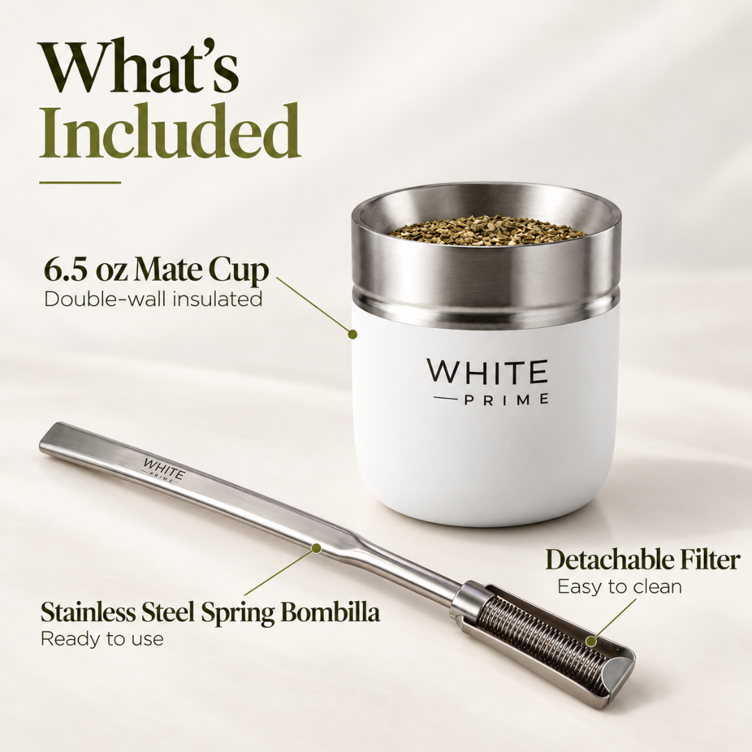 WHITE Prime Yerba Mate Cup 6.5 oz with Bombilla | Stainless Steel Mate Gourd