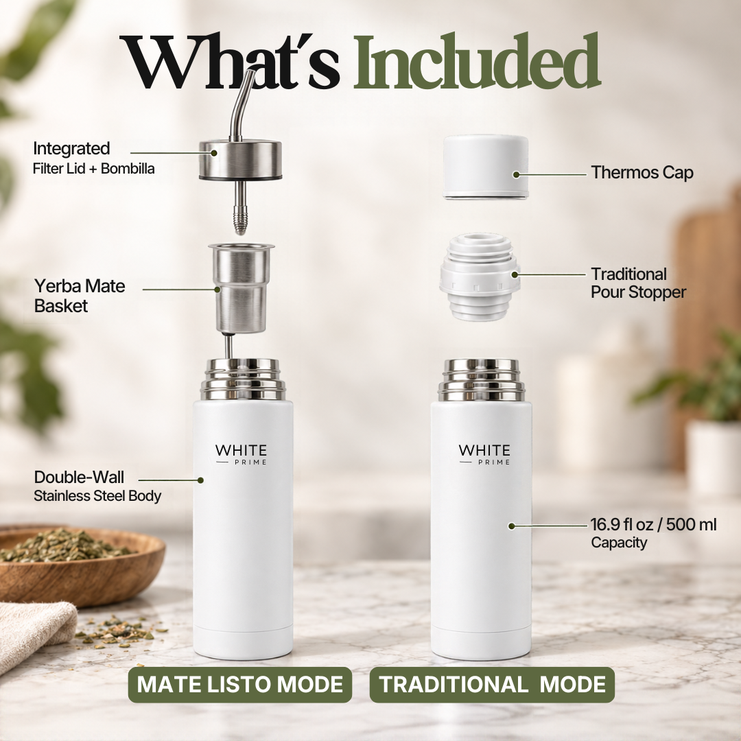 WHITE Prime Mate Listo | AutoMate 2-in-1 | Self-Serving Yerba Mate Thermos