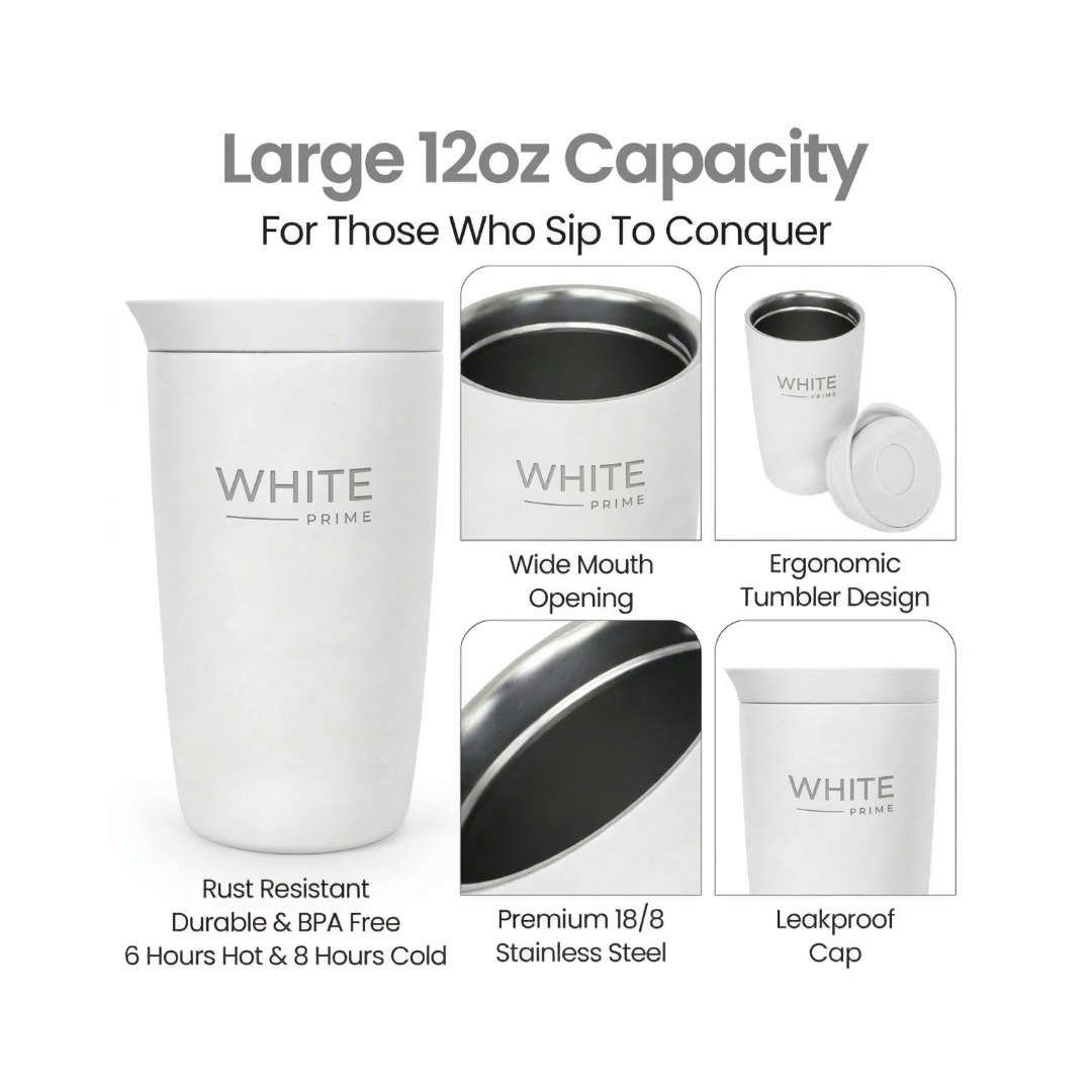 Coffee Mug 12 oz – Taza térmica de acero inoxidable con sistema push-button | White Prime