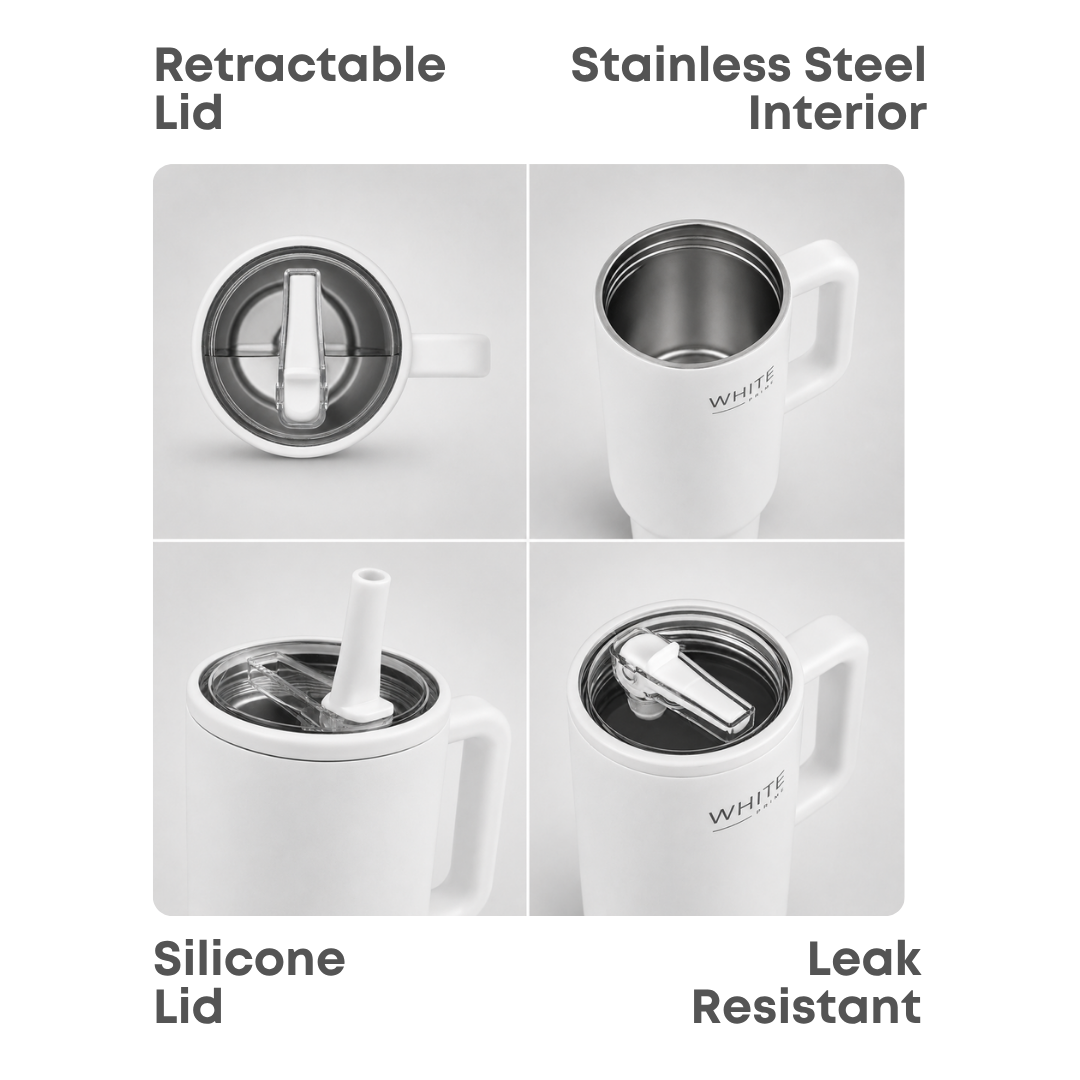 Tumbler 40 oz | Stainless Steel Double-Wall Insulated with Handle & Straw | WHITE PRIME