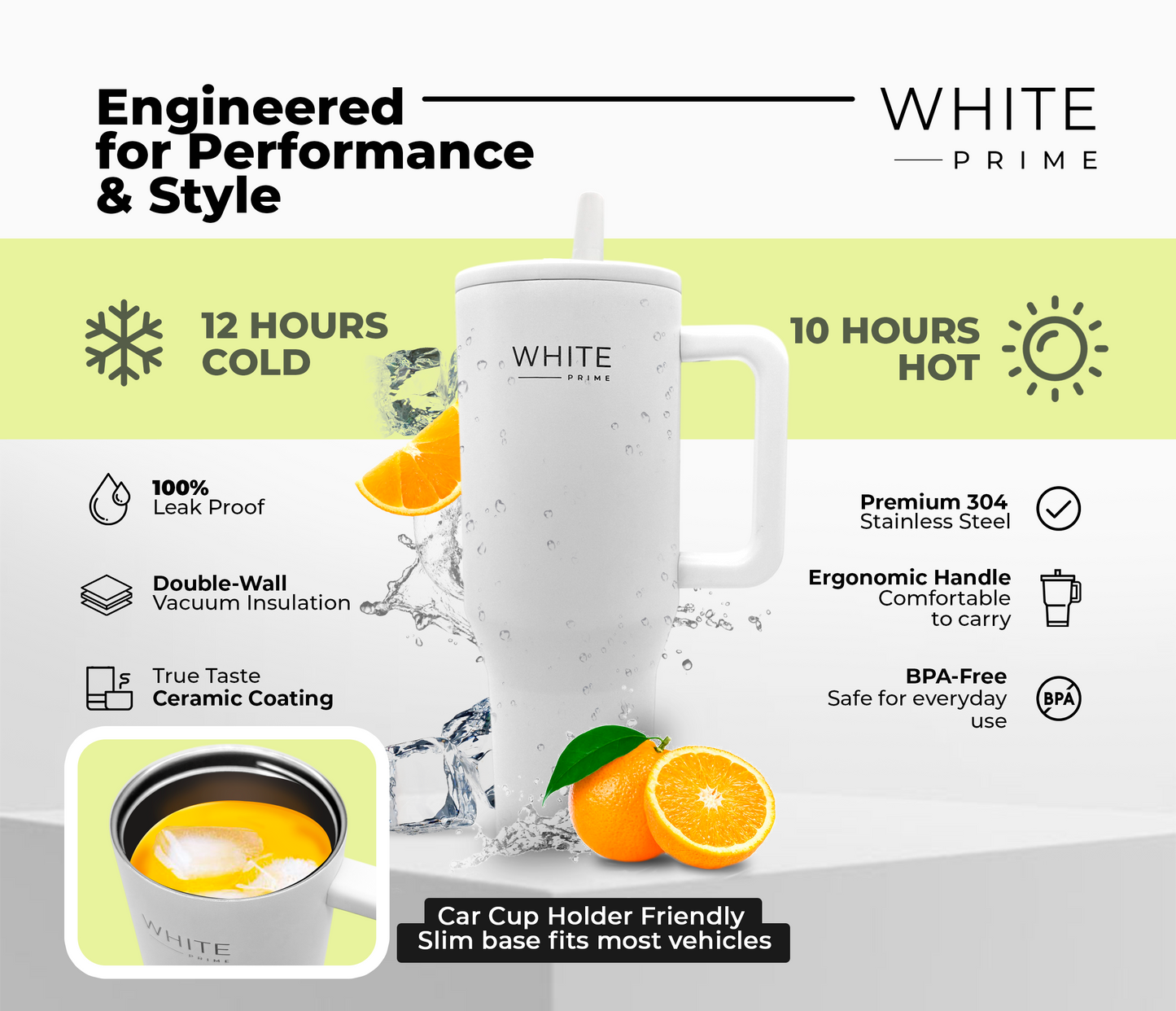 40 oz Tumbler | 100% Leak Proof | Simple Elegant Modern | Stainless Steel Double Wall Tumbler with handle | Reusable Water Bottle | Cupholder Friendly | Drinkware Flasks | WHITE Prime