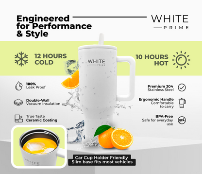 40 oz Tumbler | 100% Leak Proof | Simple Elegant Modern | Stainless Steel Double Wall Tumbler with handle | Reusable Water Bottle | Cupholder Friendly | Drinkware Flasks | WHITE Prime