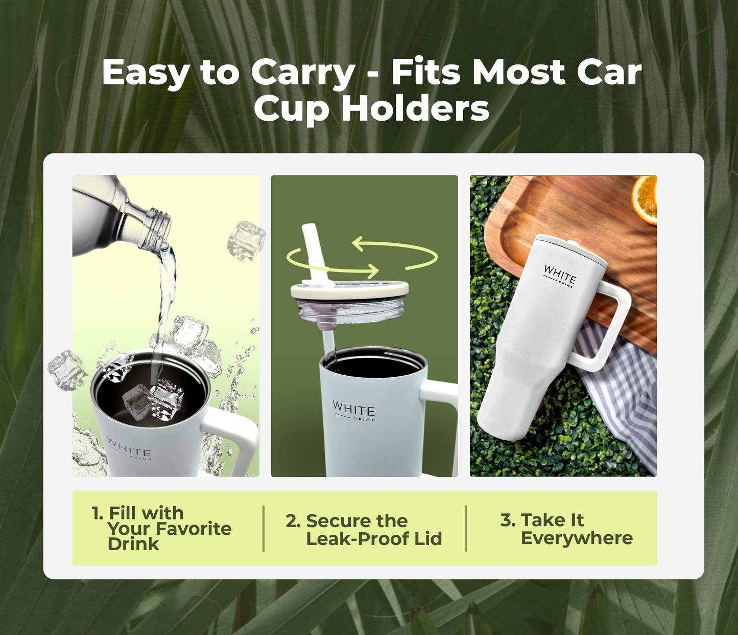 40 oz Tumbler | 100% Leak Proof | Simple Elegant Modern | Stainless Steel Double Wall Tumbler with handle | Reusable Water Bottle | Cupholder Friendly | Drinkware Flasks | WHITE Prime