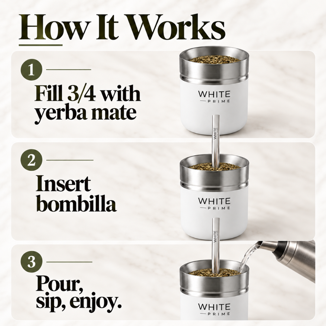 WHITE Prime Yerba Mate Cup 6.5 oz with Bombilla | Stainless Steel Mate Gourd