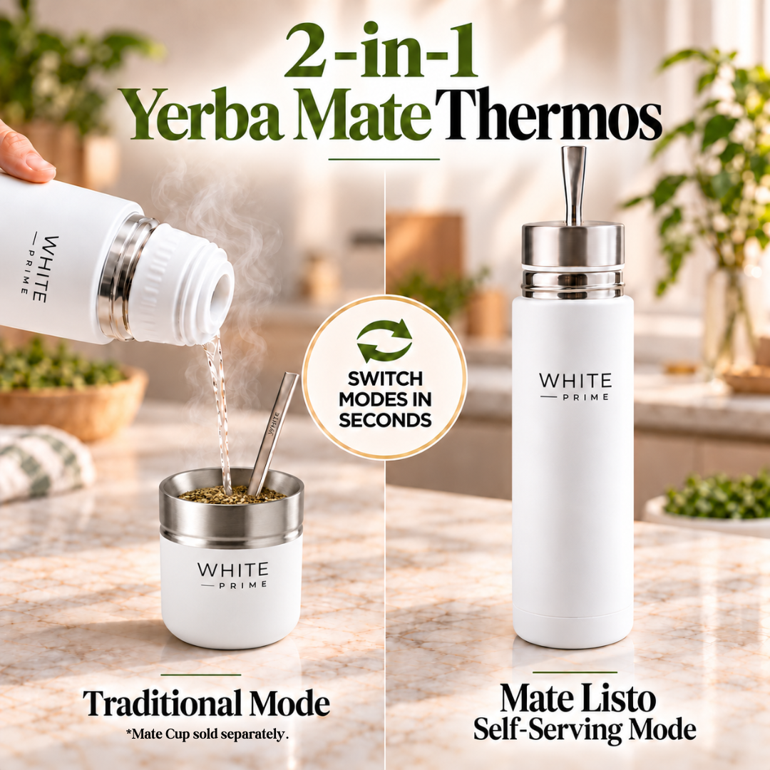 WHITE Prime Mate Listo | AutoMate 2-in-1 | Self-Serving Yerba Mate Thermos