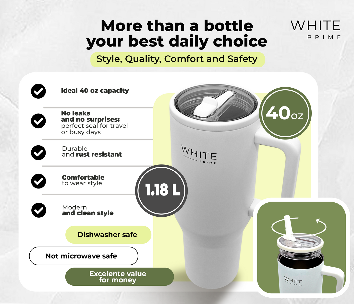 40 oz Tumbler | 100% Leak Proof | Simple Elegant Modern | Stainless Steel Double Wall Tumbler with handle | Reusable Water Bottle | Cupholder Friendly | Drinkware Flasks | WHITE Prime
