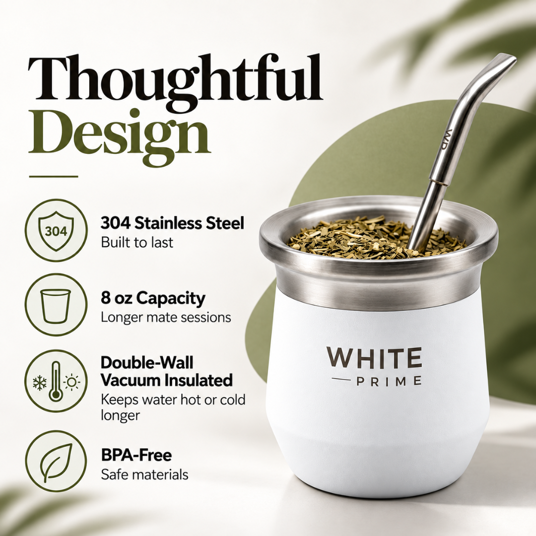 WHITE Prime Yerba Mate Cup 8 oz with Bombilla | Stainless Steel Mate Gourd