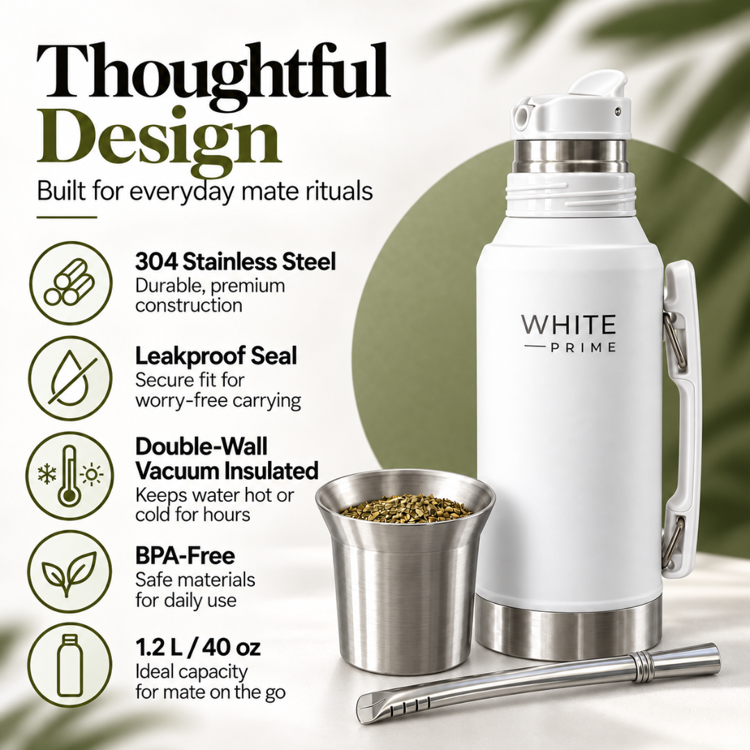 WHITE Prime All-in-One 1.2L Yerba Mate Thermos | Mate Cup Lid & Bombilla
