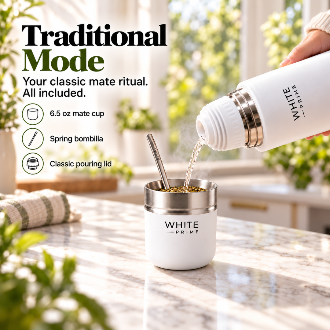 WHITE Prime Mate Listo PRO Kit | AutoMate Termos, Mate Cup & Bombilla