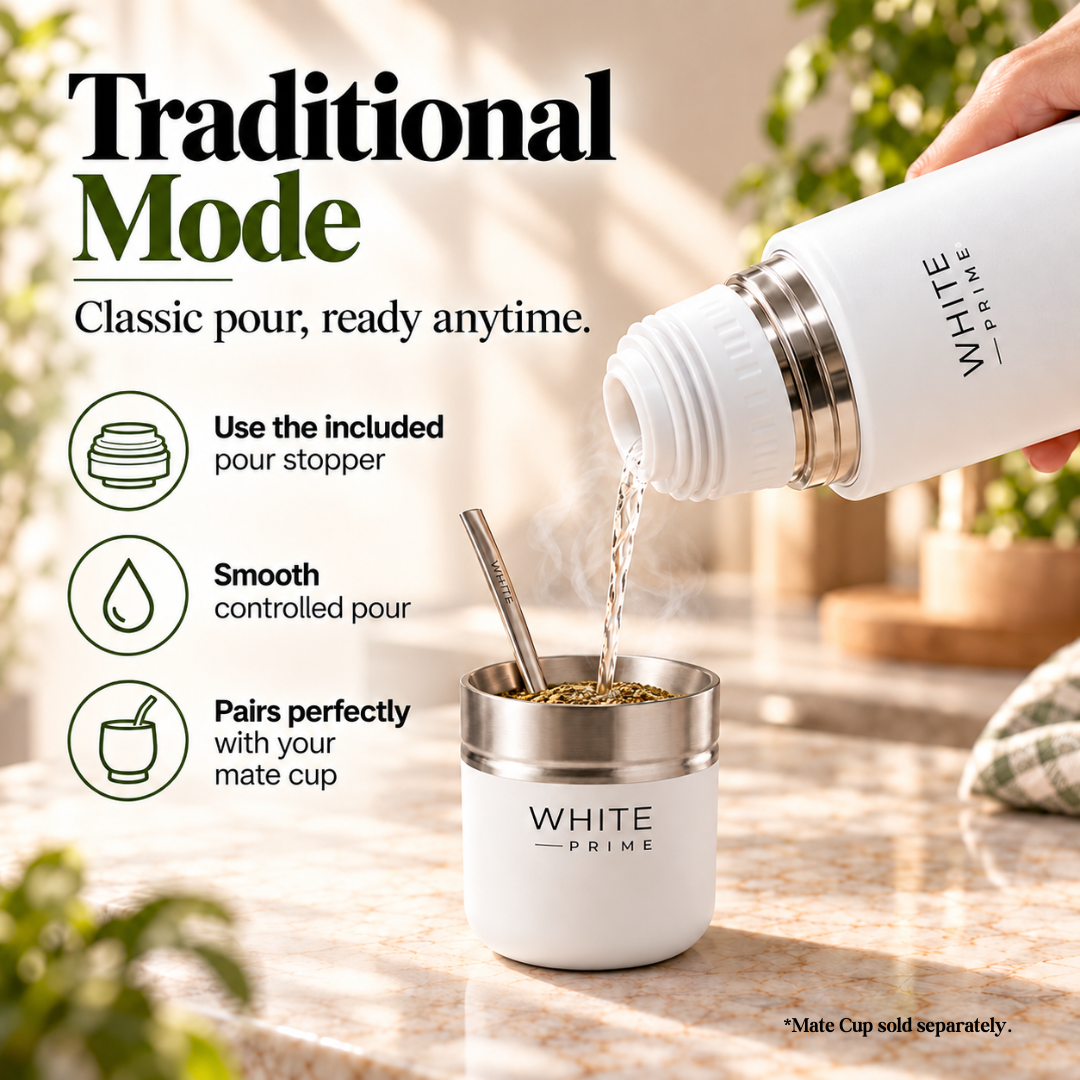 WHITE Prime Mate Listo | AutoMate 2-in-1 | Self-Serving Yerba Mate Thermos
