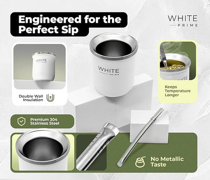 Yerba Mate Gourd | Stainless Steel Double Wall Cup for Mate | 6 oz Yerba Mate Cup | WHITE Prime