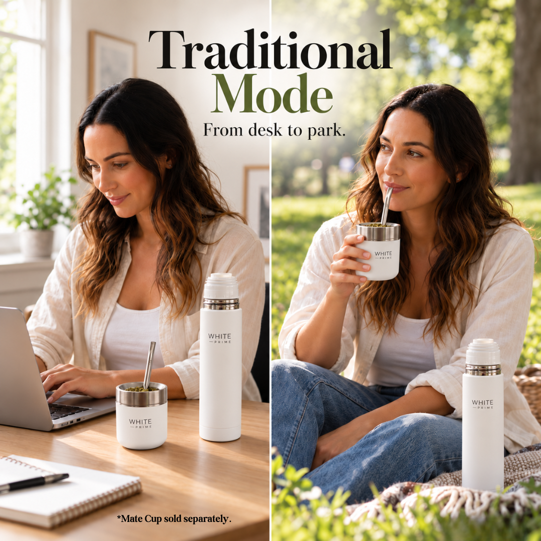WHITE Prime Mate Listo | AutoMate 2-in-1 | Self-Serving Yerba Mate Thermos