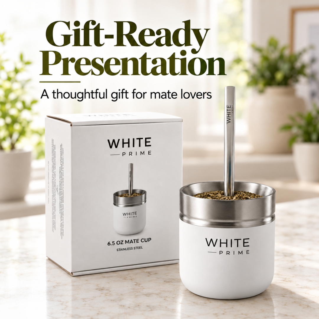 WHITE Prime Yerba Mate Cup 6.5 oz with Bombilla | Stainless Steel Mate Gourd