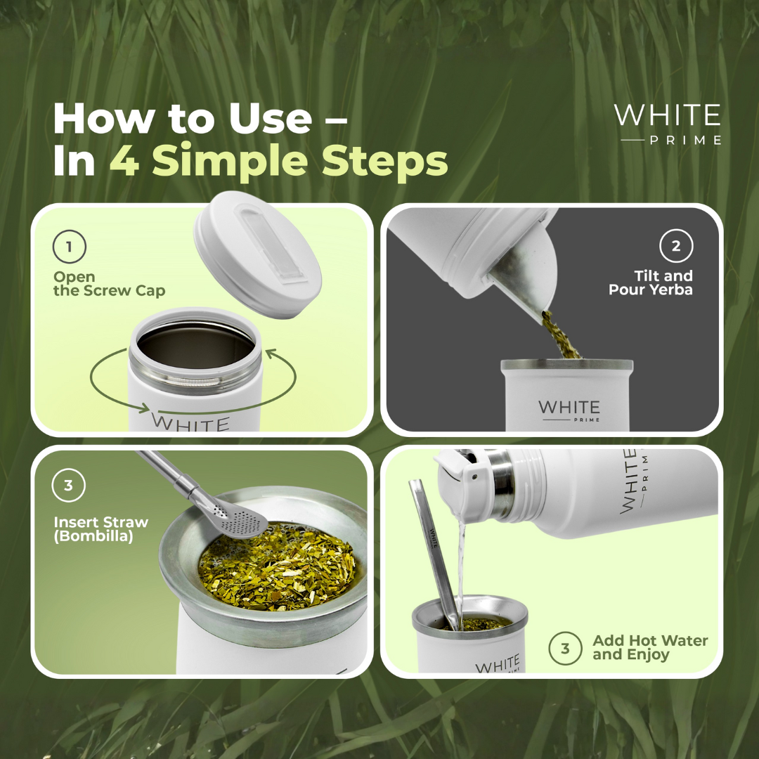 Contenedor de acero inoxidable 16 oz para Yerba Mate, té o café con pico vertedor| Yerbera | WHITE Prime