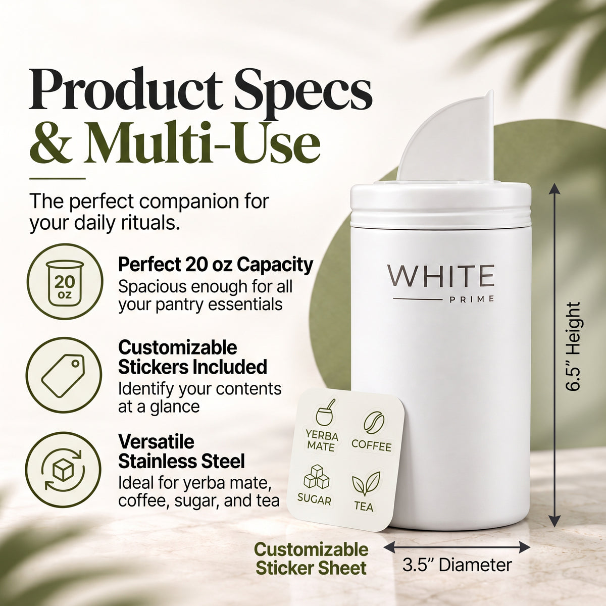 WHITE Prime Multipurpose Yerba Mate Container 20 oz | Yerbero with Spout